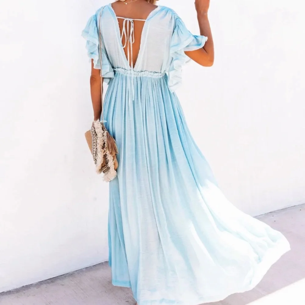 Light Blue Gauze Boho Button Maxi Dress - Picture 5 of 7